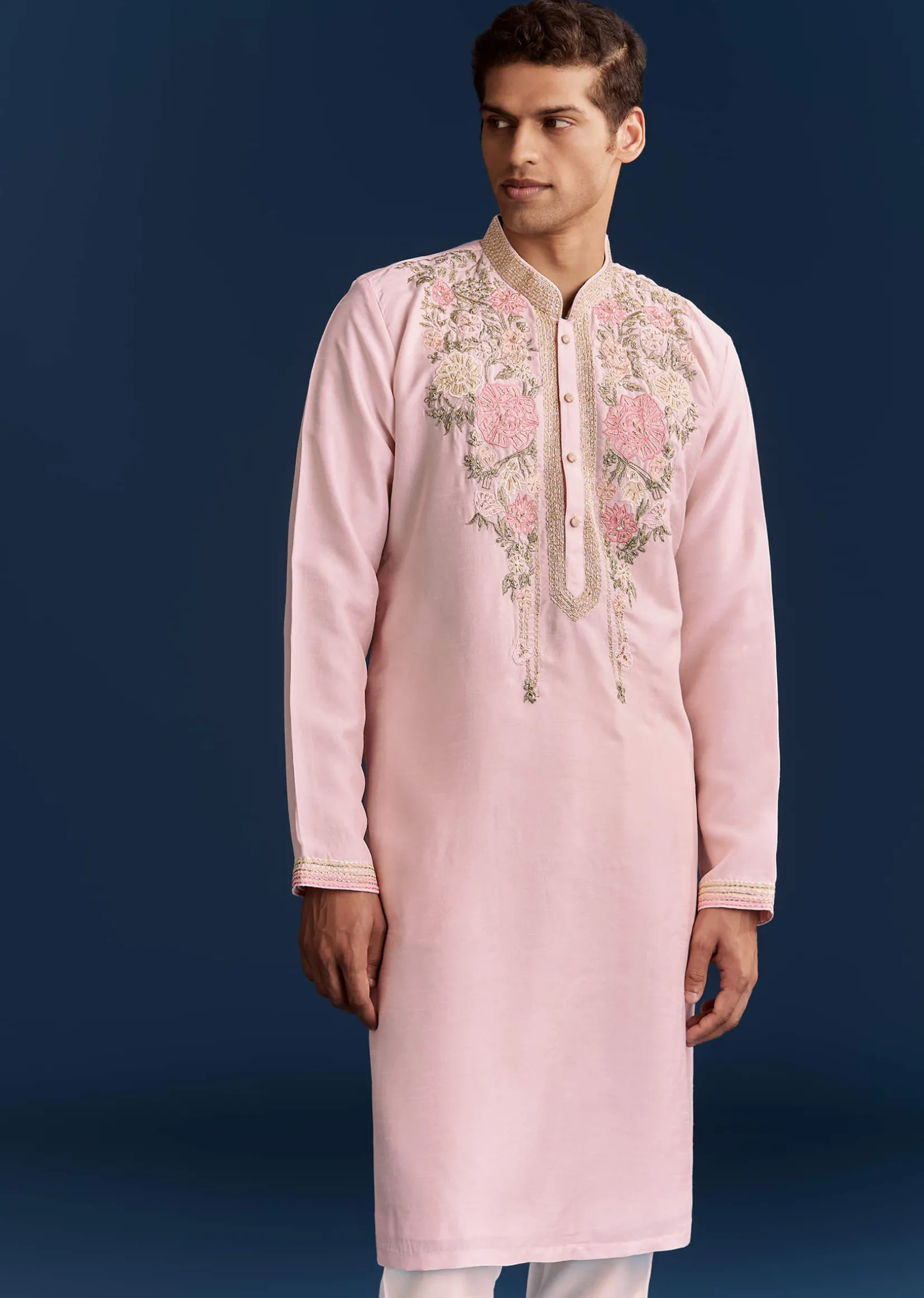 Pink Silk Flroal Printed Kurta Set With Resham Work