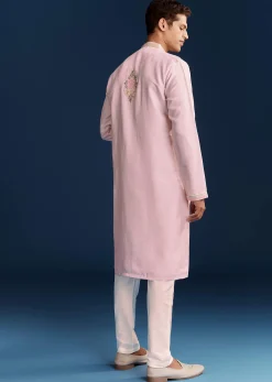 Pink Silk Flroal Printed Kurta Set With Resham Work