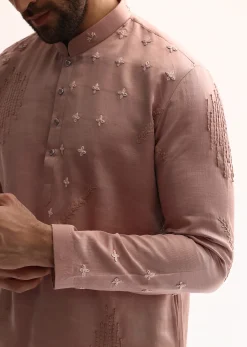 Pink Silk Handwork Kurta Set For Men