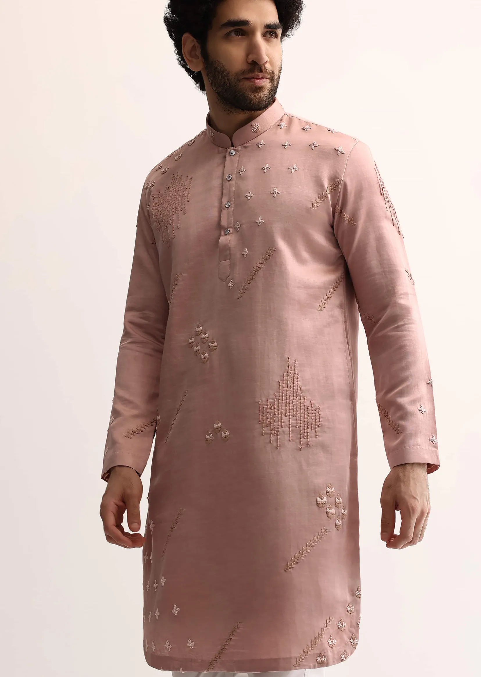 Pink Silk Handwork Kurta Set For Men