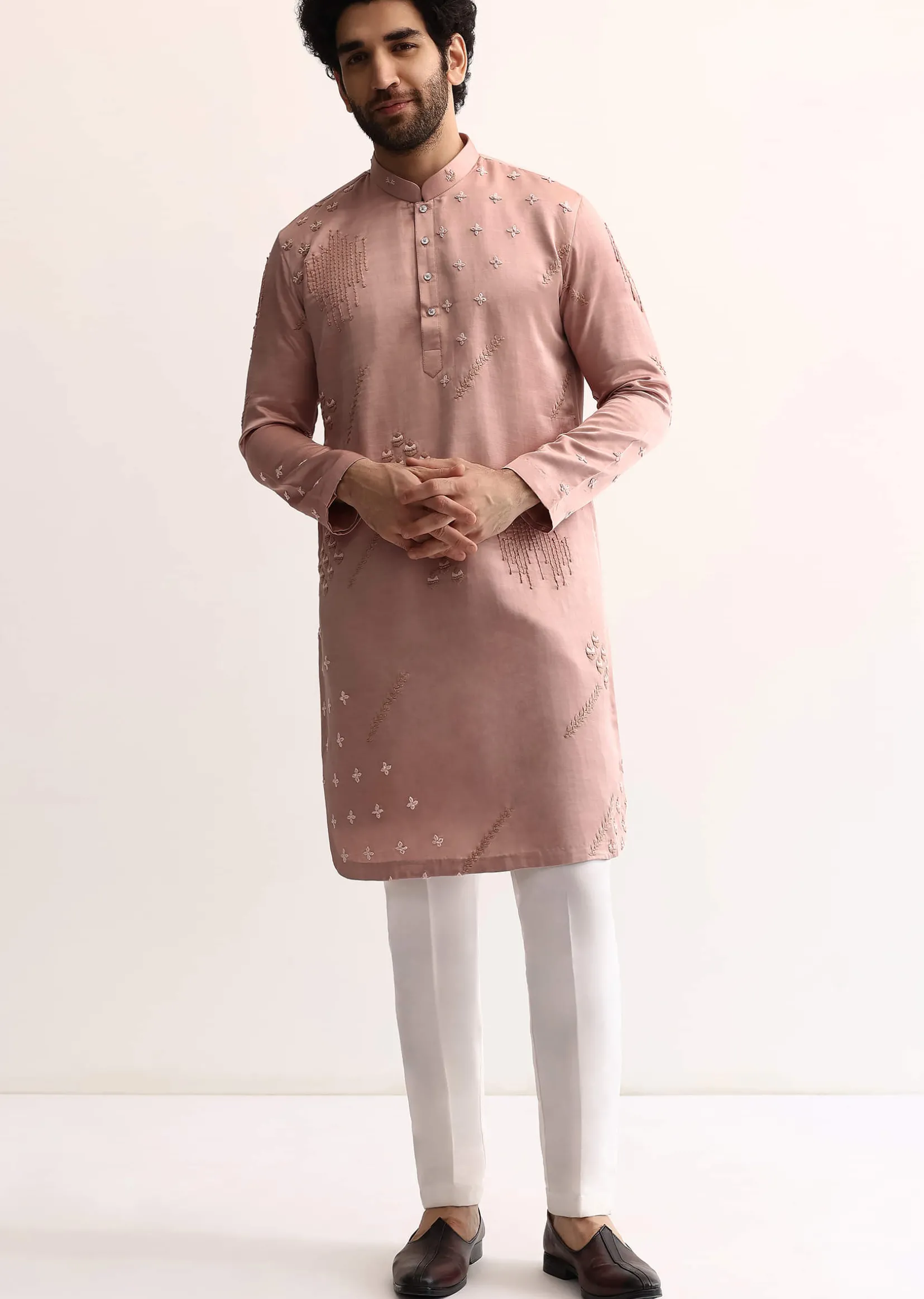 Pink Silk Handwork Kurta Set For Men
