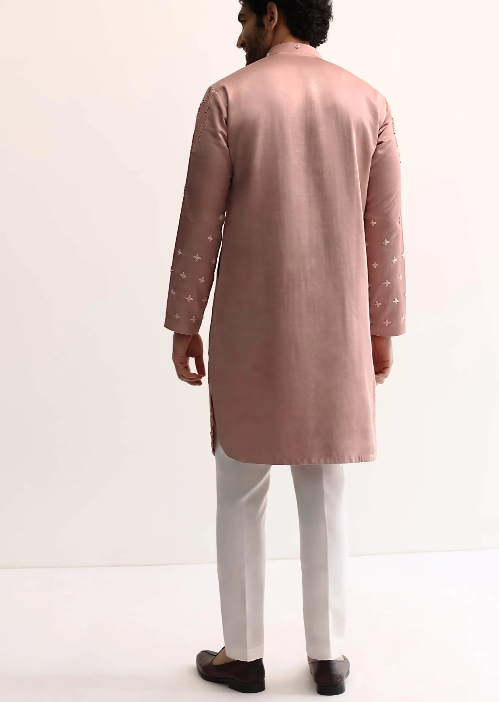 Pink Silk Handwork Kurta Set For Men