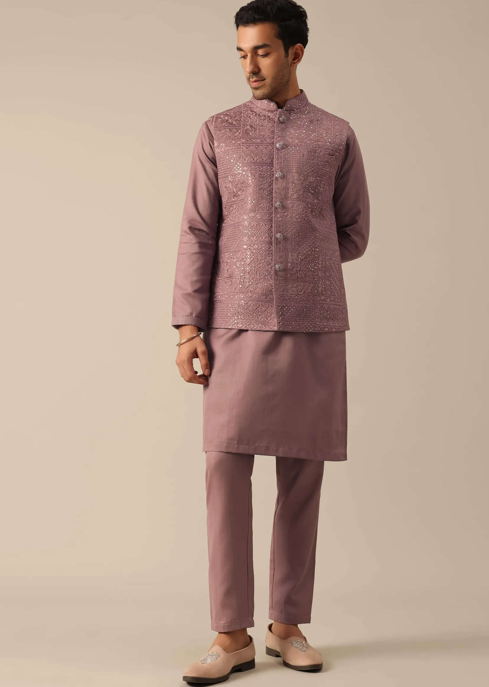 Pink Silk Indo Fusion Jacket Kurta Set