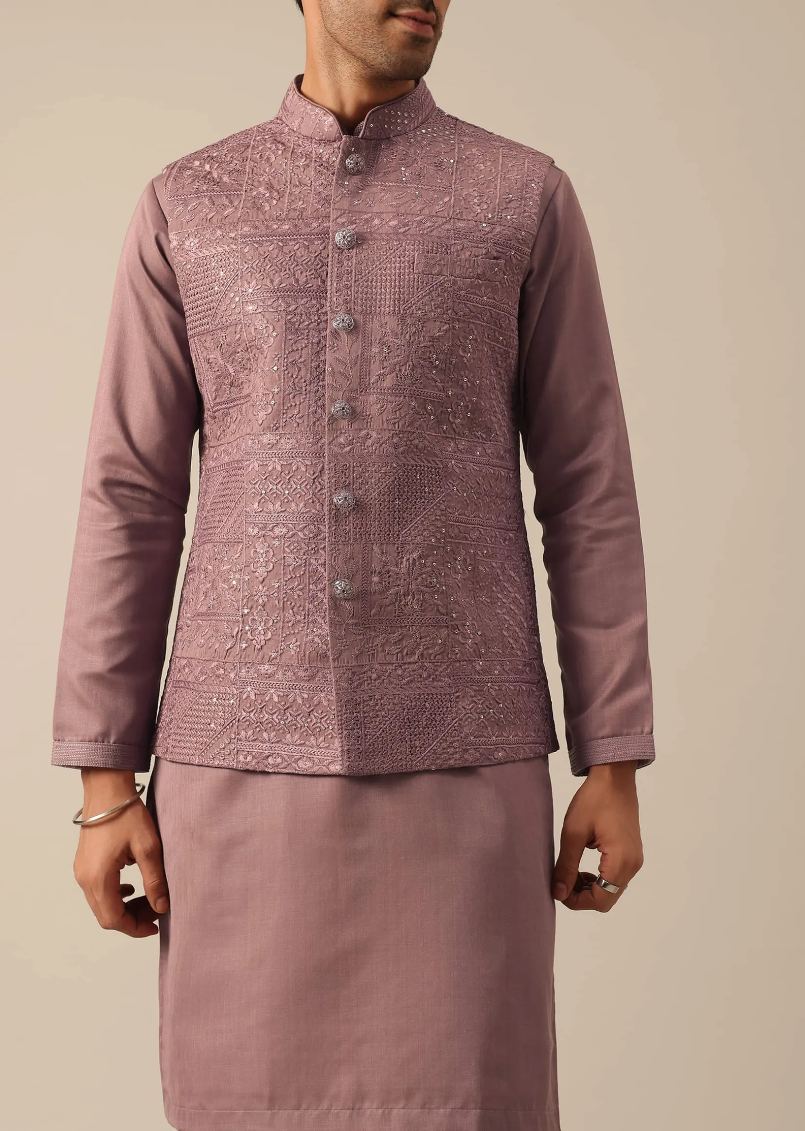 Pink Silk Indo Fusion Jacket Kurta Set