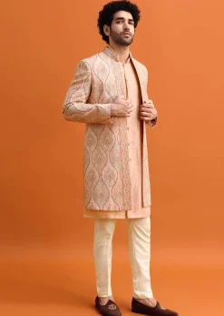 Pink Silk Indowestern Set With Hand Work For Men