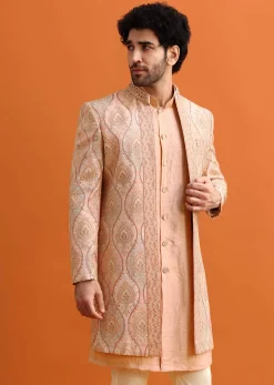 Pink Silk Indowestern Set With Hand Work For Men