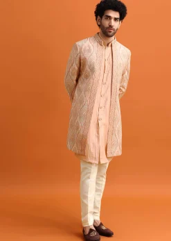 Pink Silk Indowestern Set With Hand Work For Men