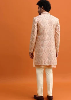 Pink Silk Indowestern Set With Hand Work For Men
