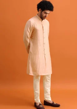 Pink Silk Indowestern Set With Hand Work For Men