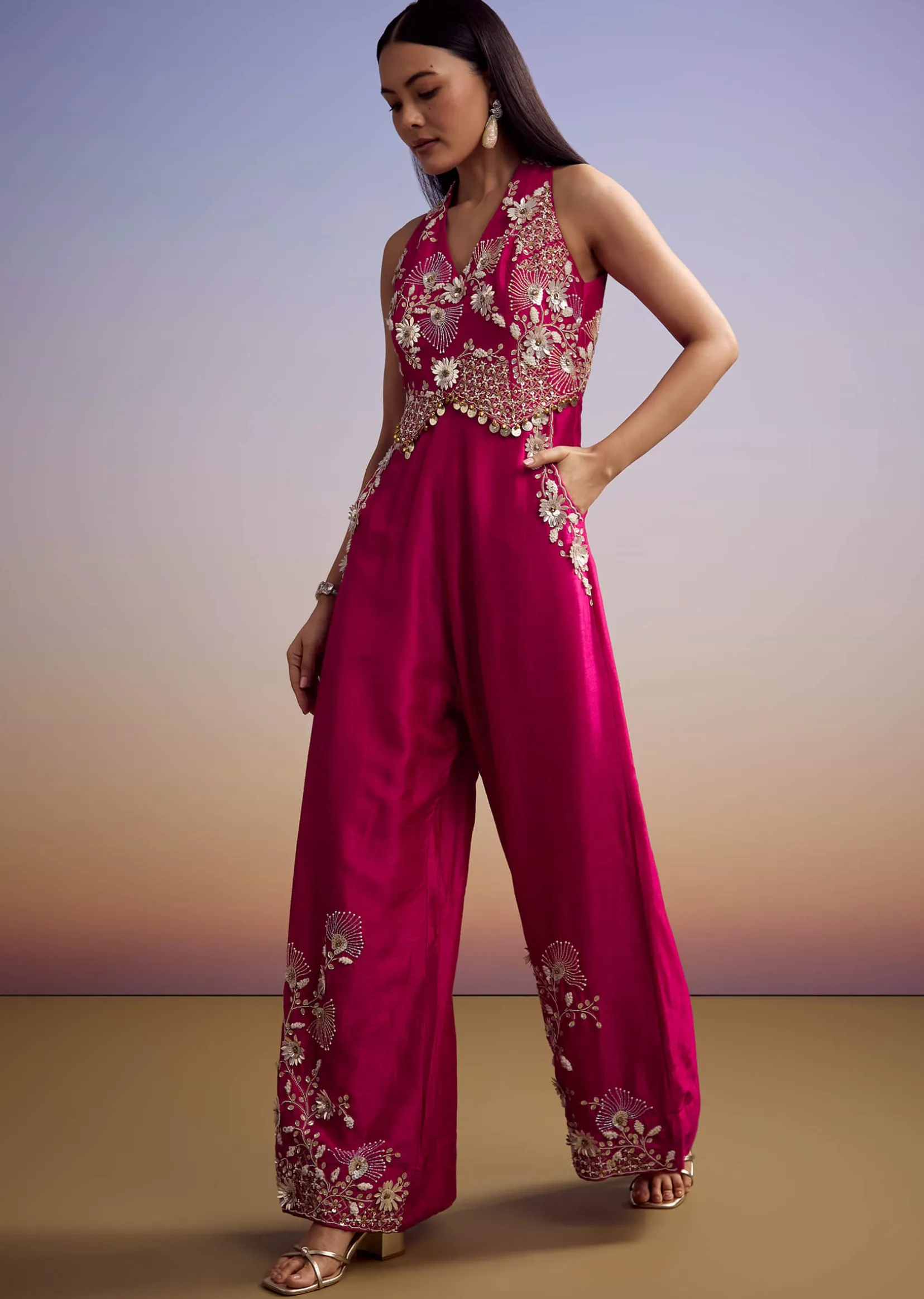 Pink Silk Jumpsuit With Embroidery And V Neckline
