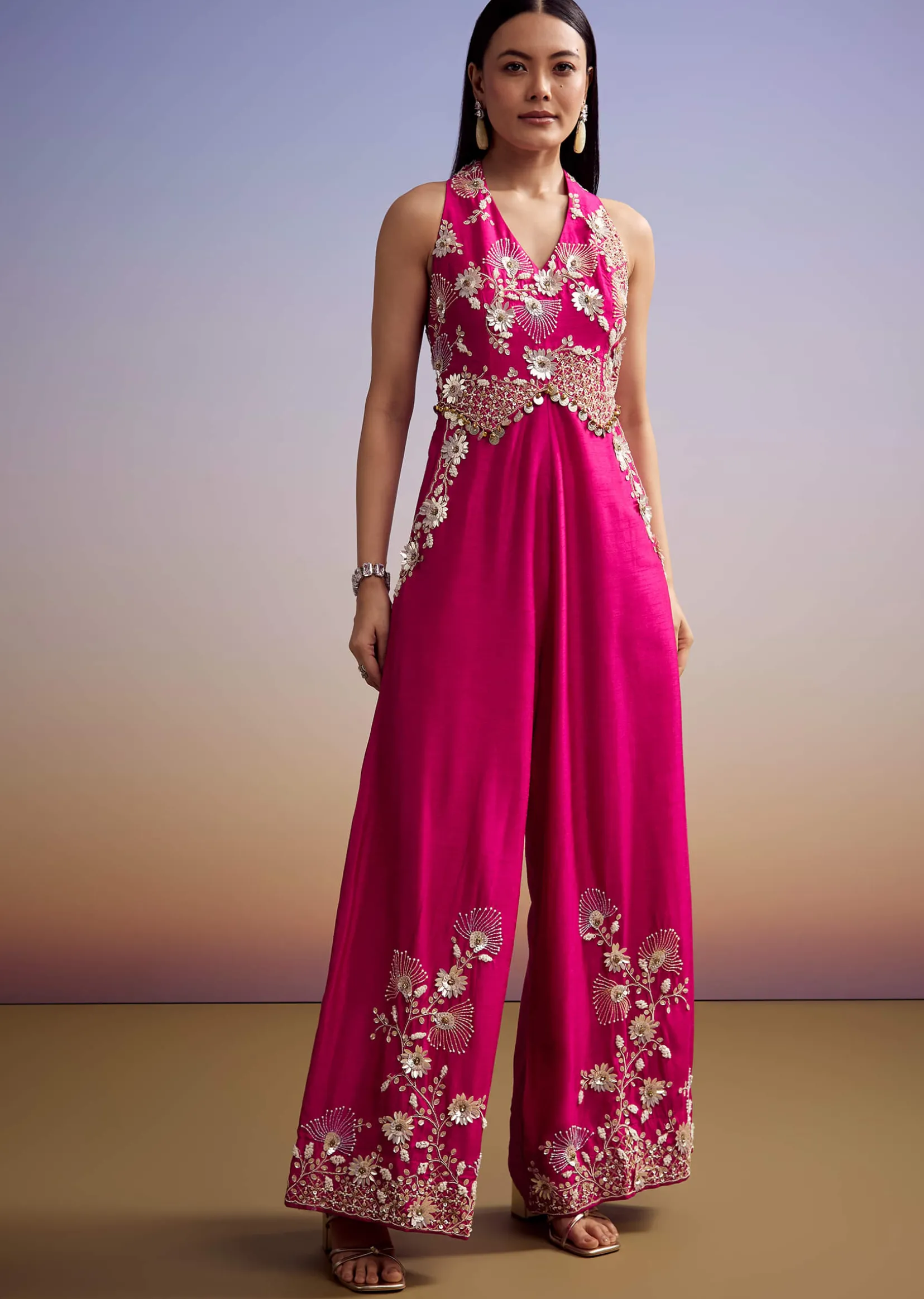 Pink Silk Jumpsuit With Embroidery And V Neckline