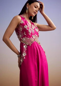 Pink Silk Jumpsuit With Embroidery And V Neckline