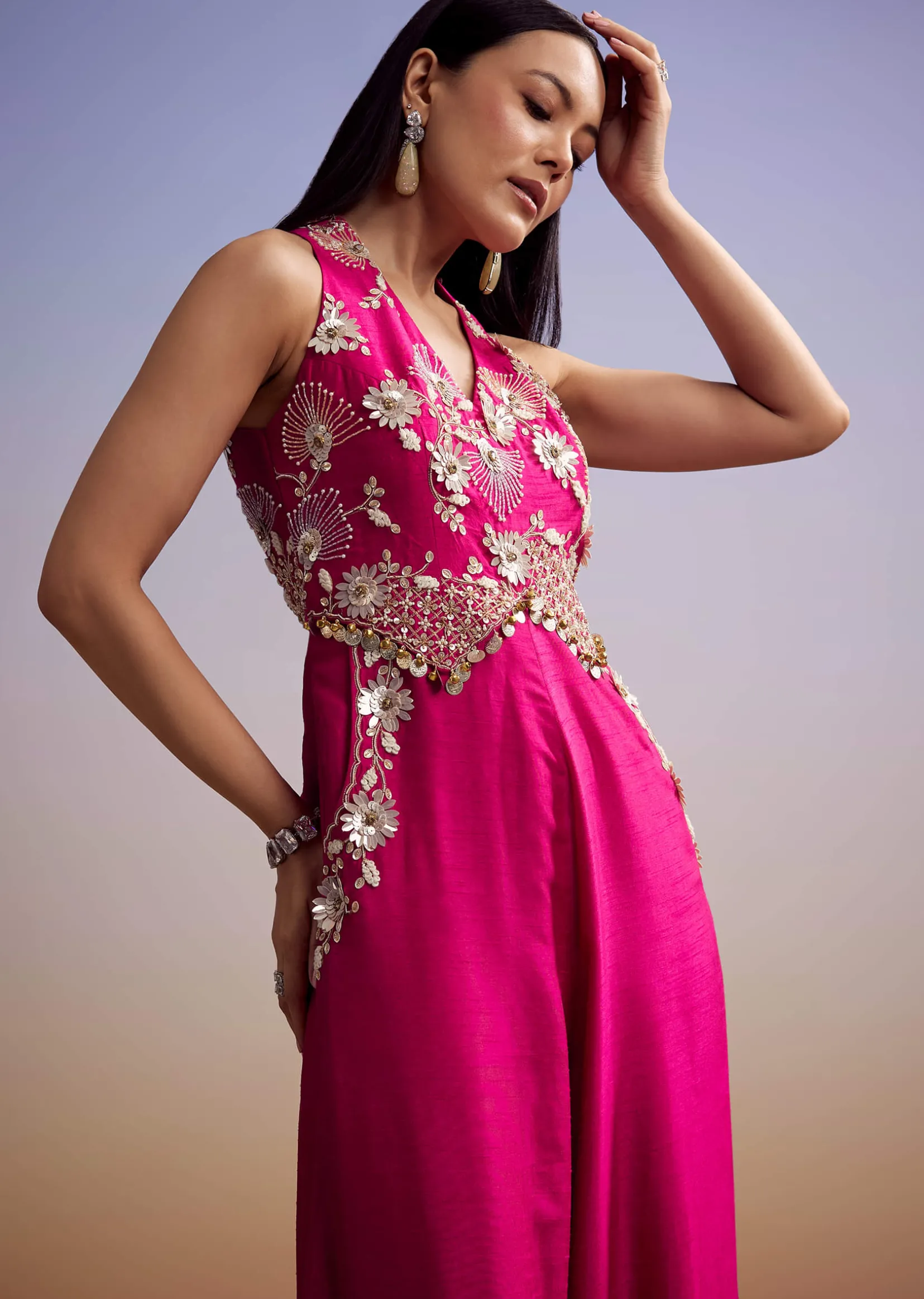 Pink Silk Jumpsuit With Embroidery And V Neckline
