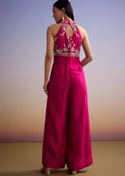 Pink Silk Jumpsuit With Embroidery And V Neckline