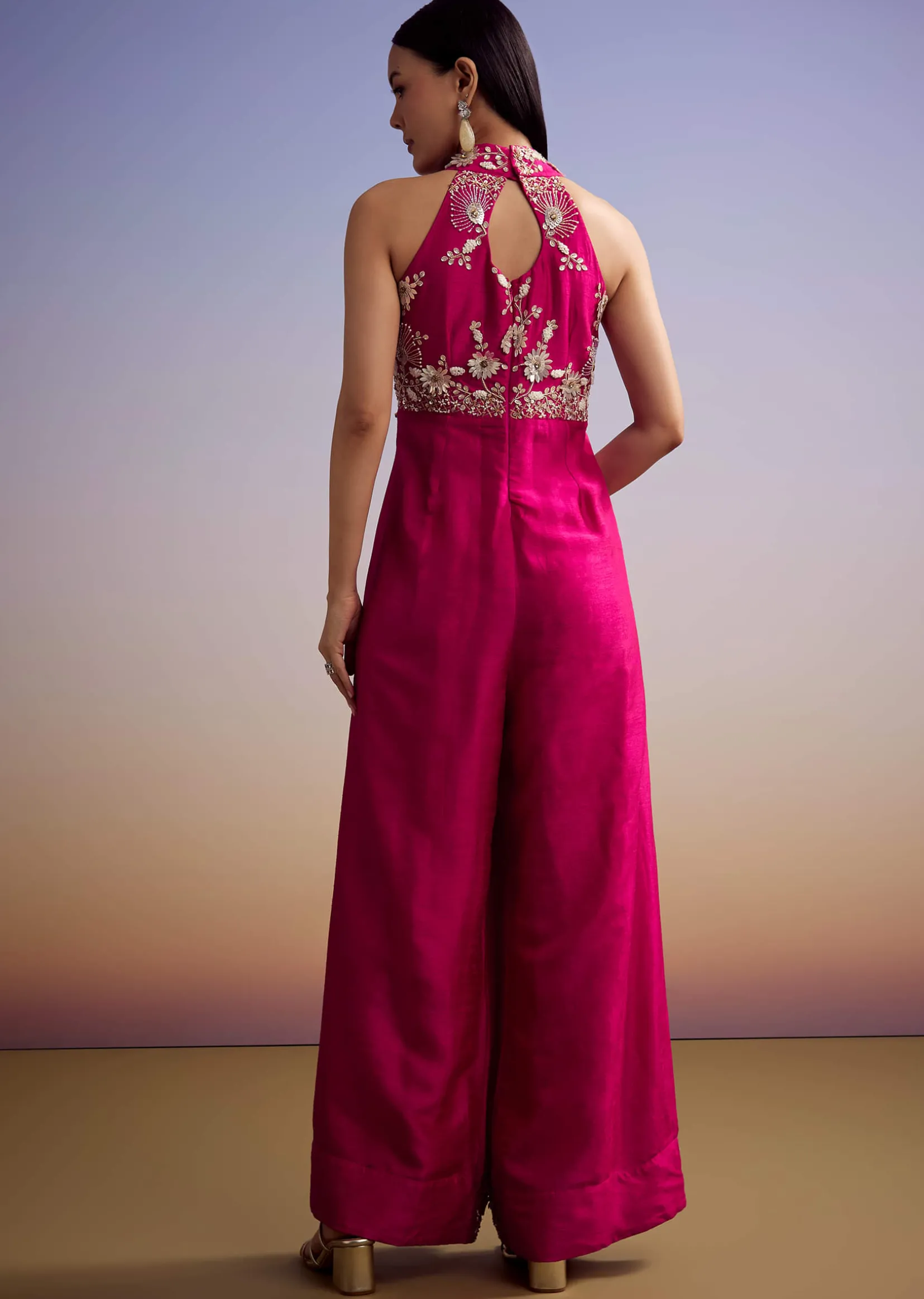 Pink Silk Jumpsuit With Embroidery And V Neckline