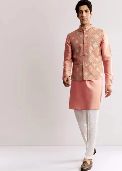 Pink Silk Kurta Jacket Set With Geometric Print