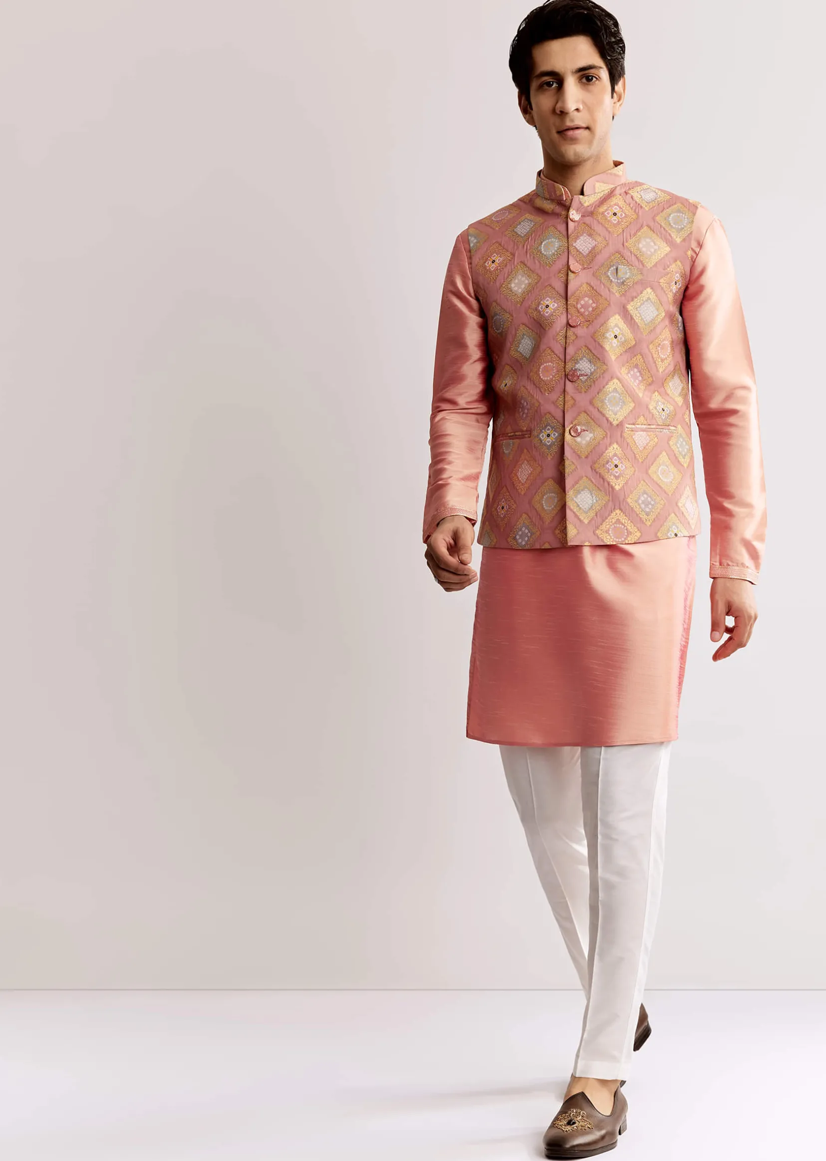 Pink Silk Kurta Jacket Set With Geometric Print