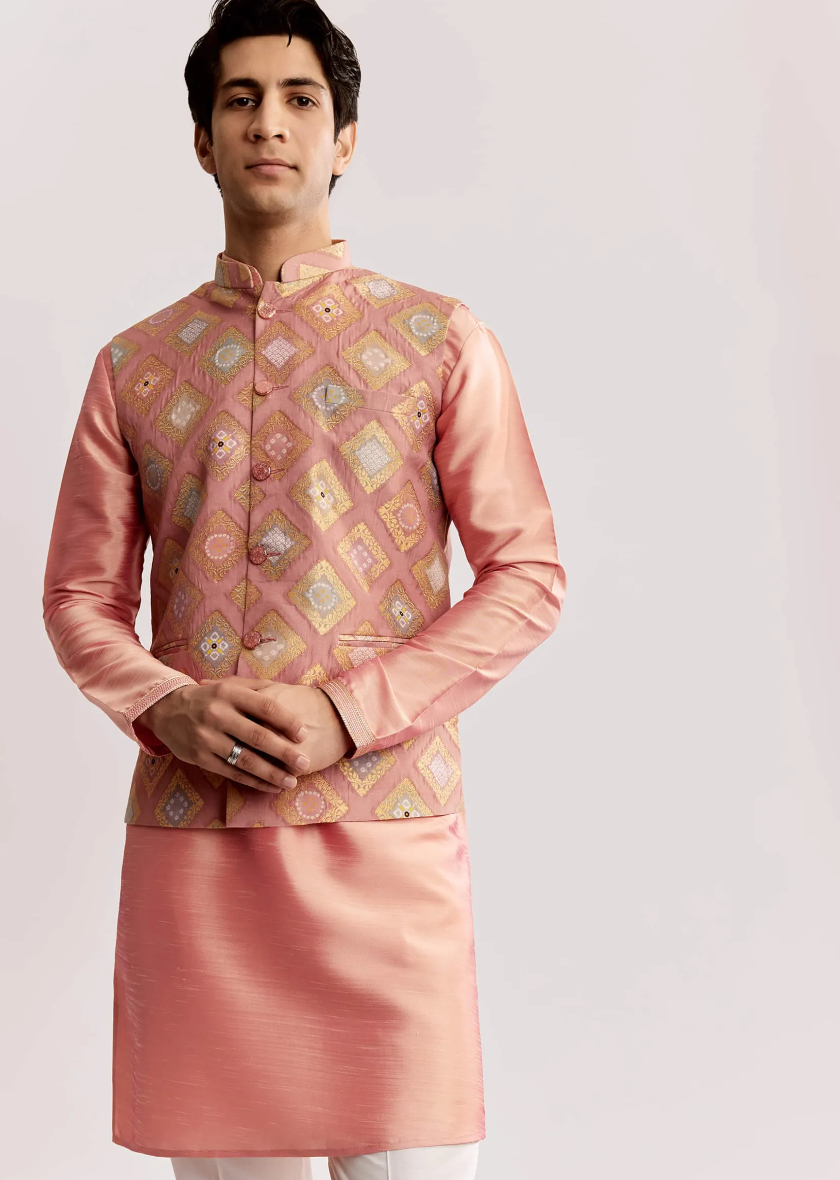 Pink Silk Kurta Jacket Set With Geometric Print