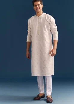 Pink Silk Kurta Set For Men With Mirror Embroidery