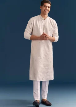 Pink Silk Kurta Set For Men With Mirror Embroidery