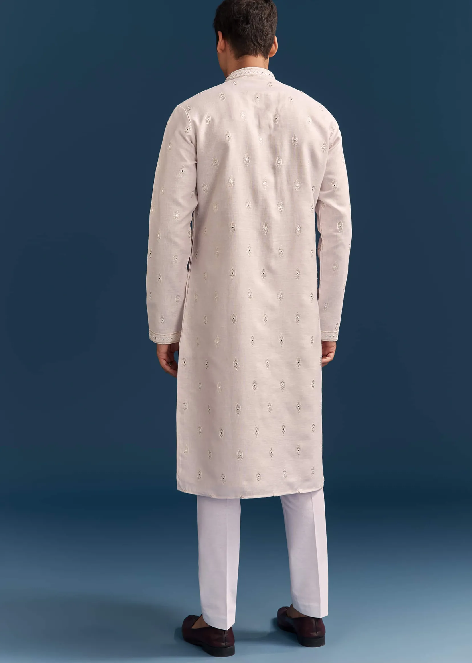 Pink Silk Kurta Set For Men With Mirror Embroidery