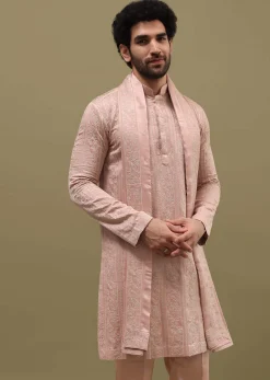 Pink Silk Kurta Set In Resham Work With Dupatta For Men