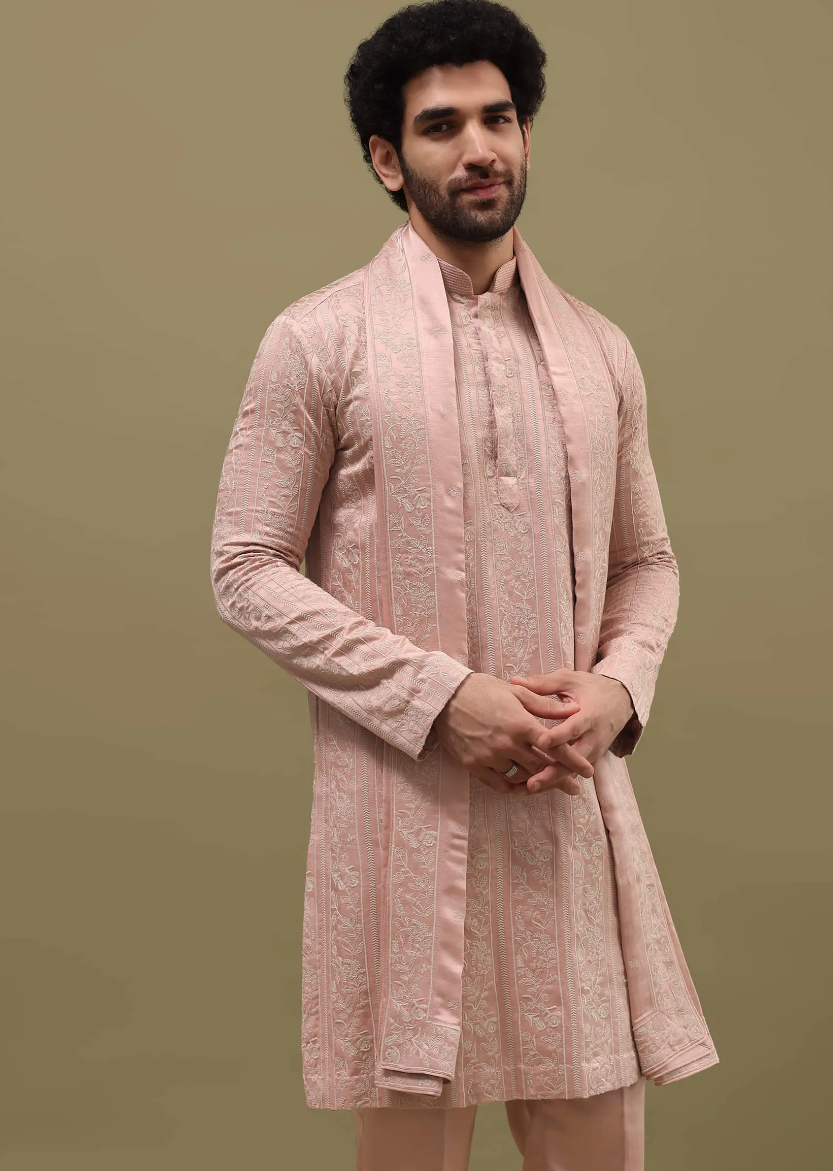 Pink Silk Kurta Set In Resham Work With Dupatta For Men
