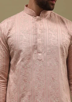 Pink Silk Kurta Set In Resham Work With Dupatta For Men