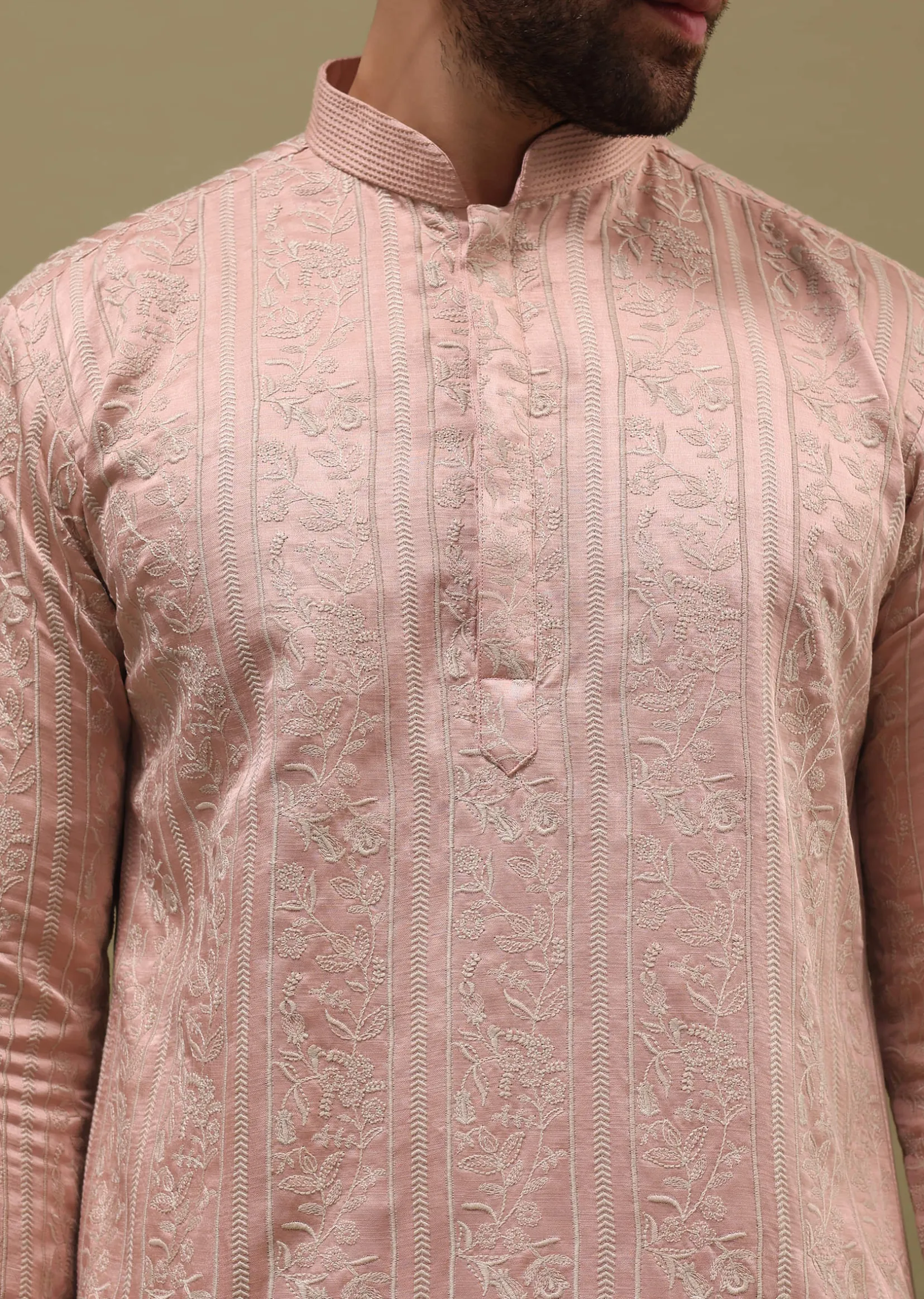 Pink Silk Kurta Set In Resham Work With Dupatta For Men