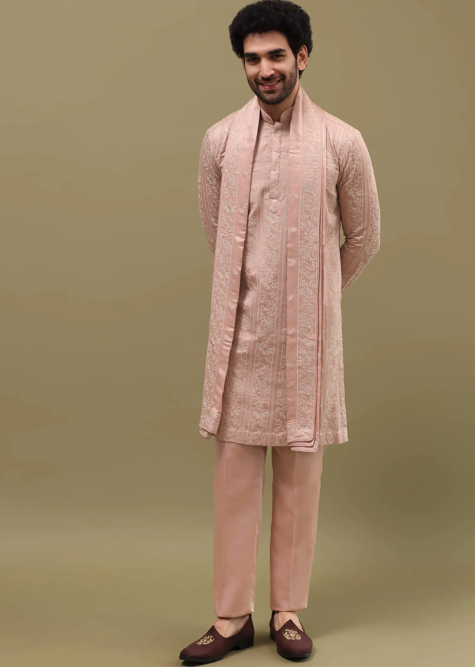 Pink Silk Kurta Set In Resham Work With Dupatta For Men