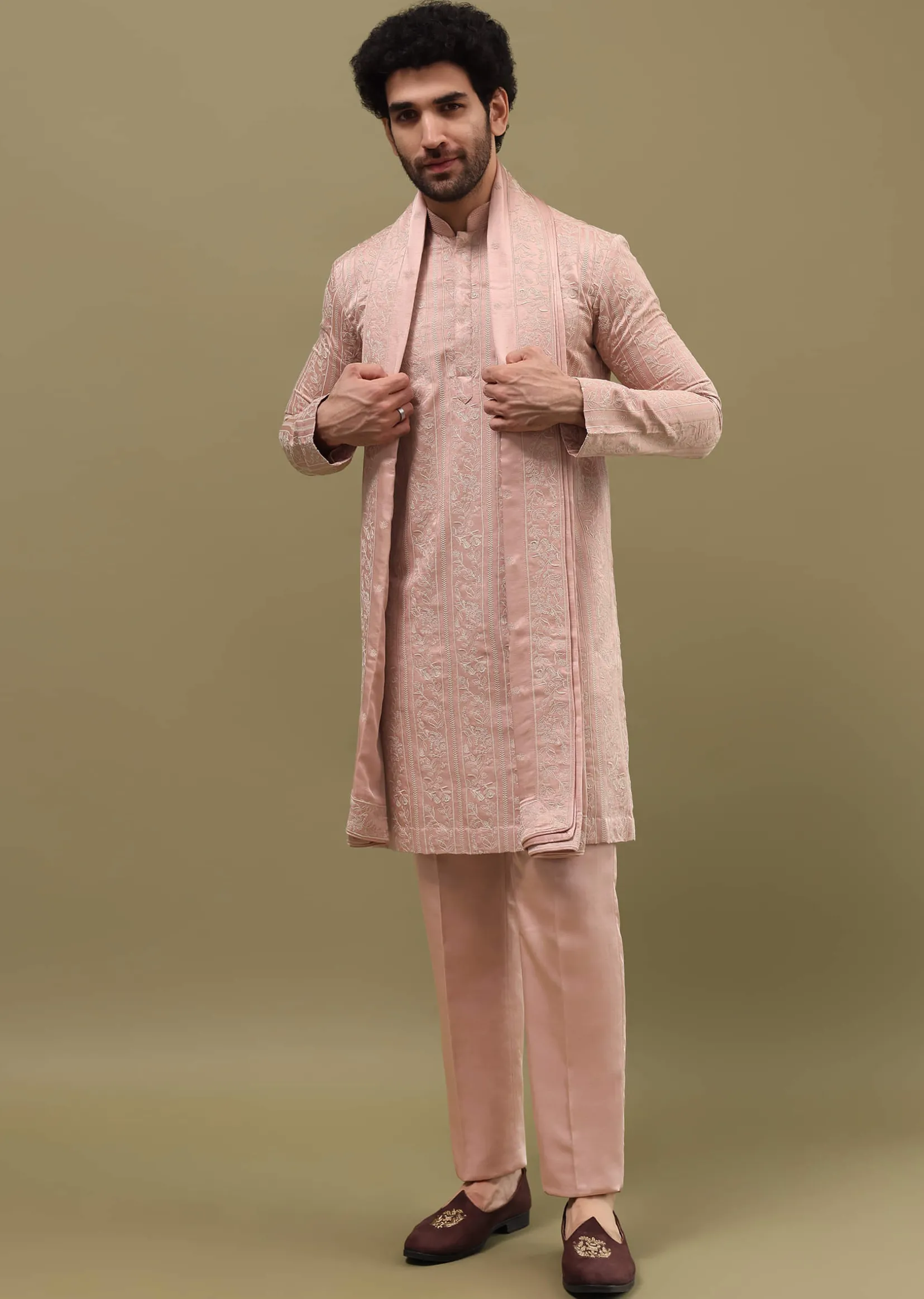 Pink Silk Kurta Set In Resham Work With Dupatta For Men