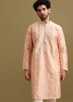 Pink Silk Kurta Set In Resham Work For Men
