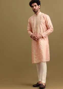Pink Silk Kurta Set In Resham Work For Men