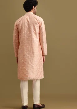 Pink Silk Kurta Set In Resham Work For Men