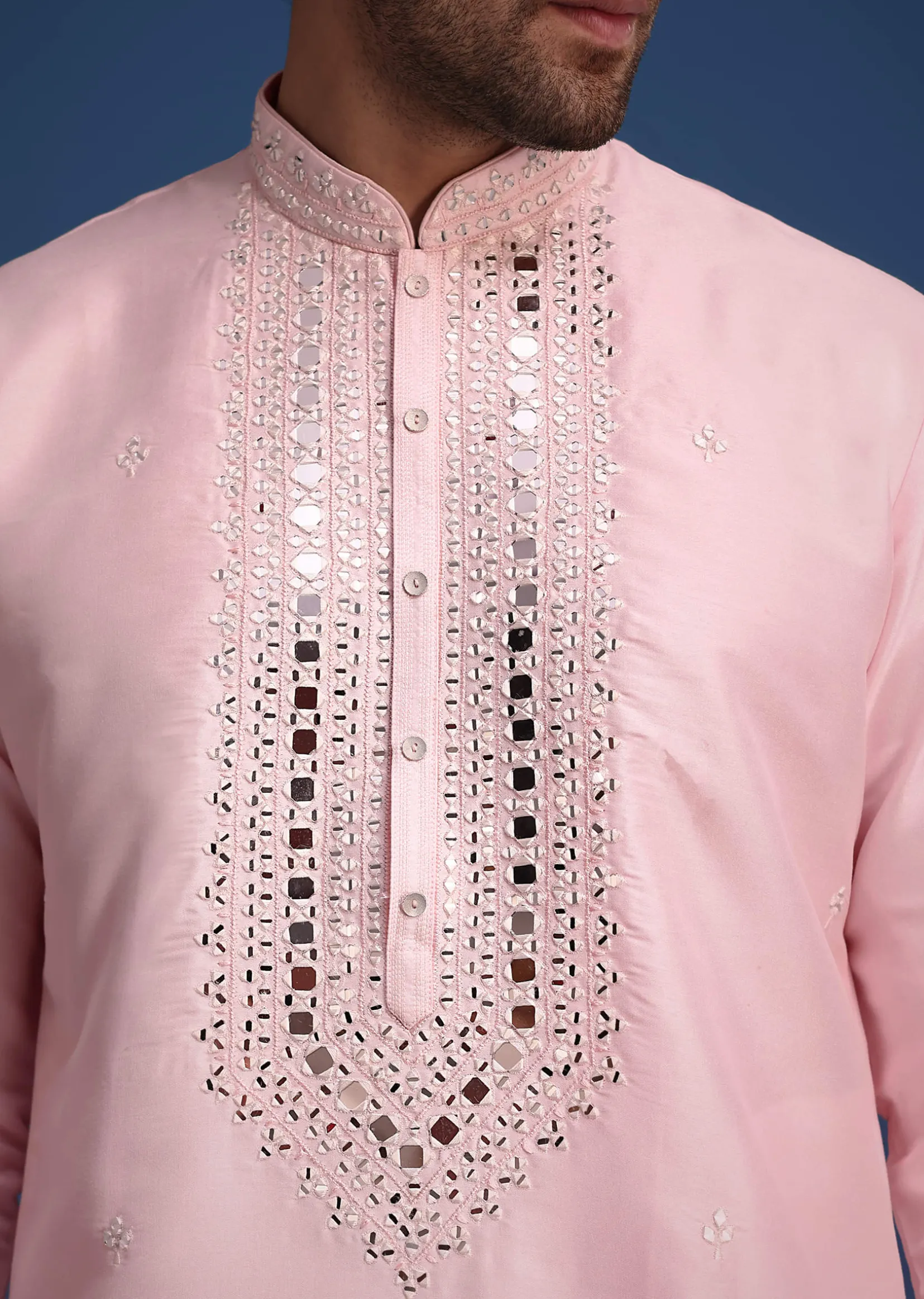 Pink Silk Kurta Set With Mirror Work