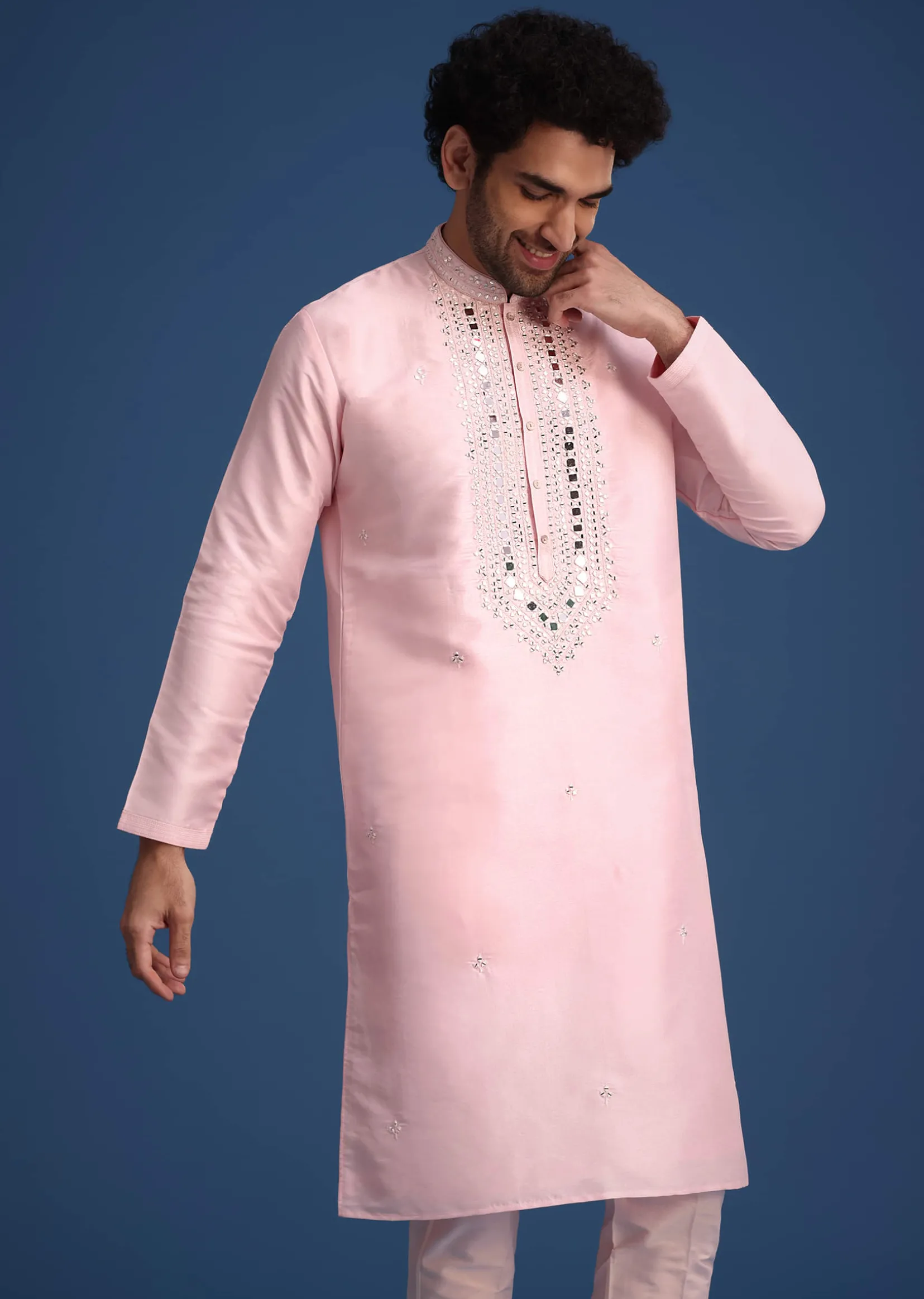 Pink Silk Kurta Set With Mirror Work