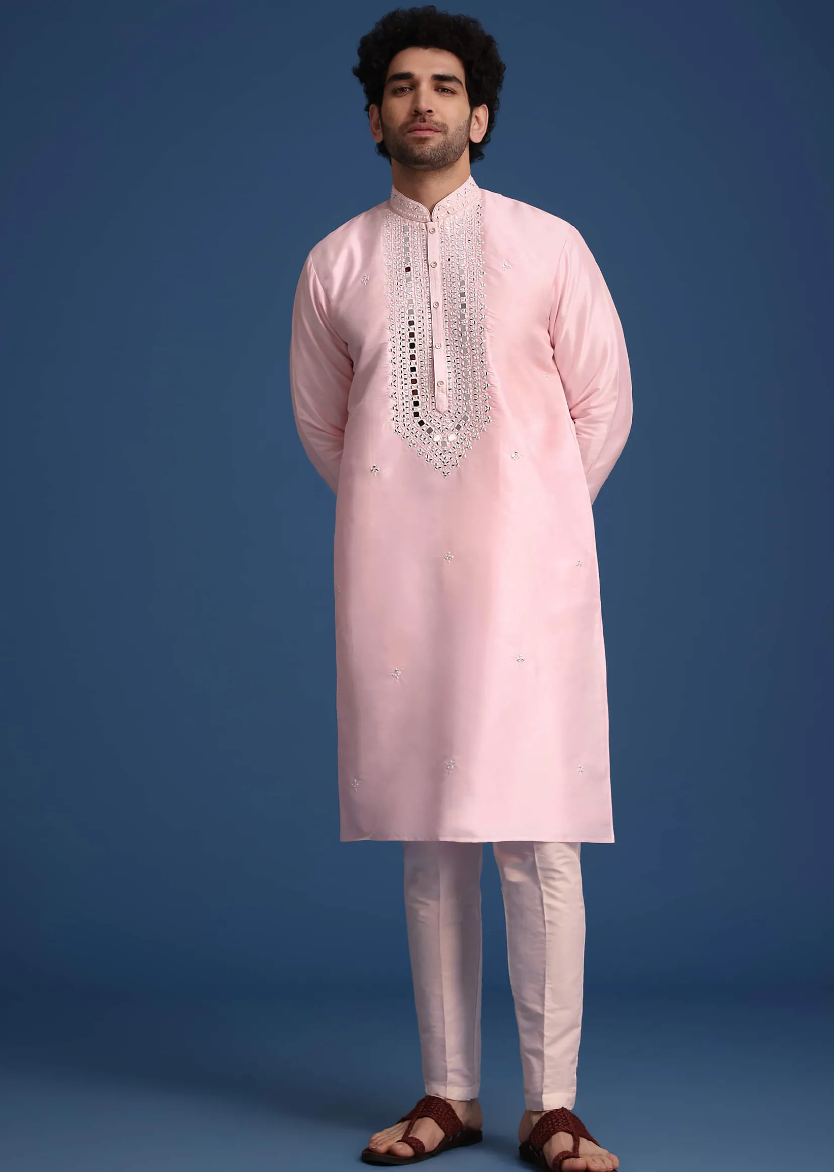 Pink Silk Kurta Set With Mirror Work