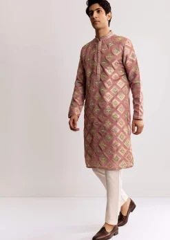Pink Silk Kurta Set With Mirror Geometric Print