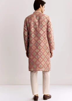 Pink Silk Kurta Set With Mirror Geometric Print