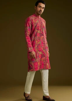 Pink Silk Kurta Set With Floral Abstract Prints