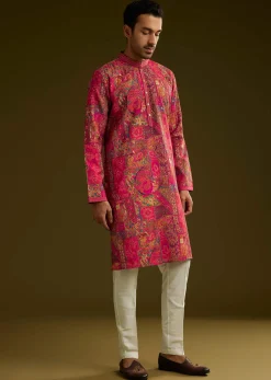 Pink Silk Kurta Set With Floral Abstract Prints