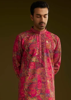 Pink Silk Kurta Set With Floral Abstract Prints