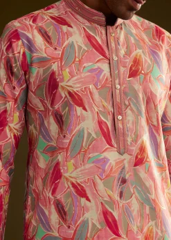 Pink Silk Leaf Printed Kurta Set