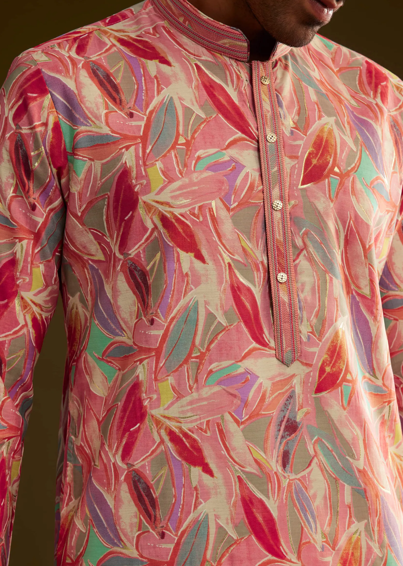 Pink Silk Leaf Printed Kurta Set