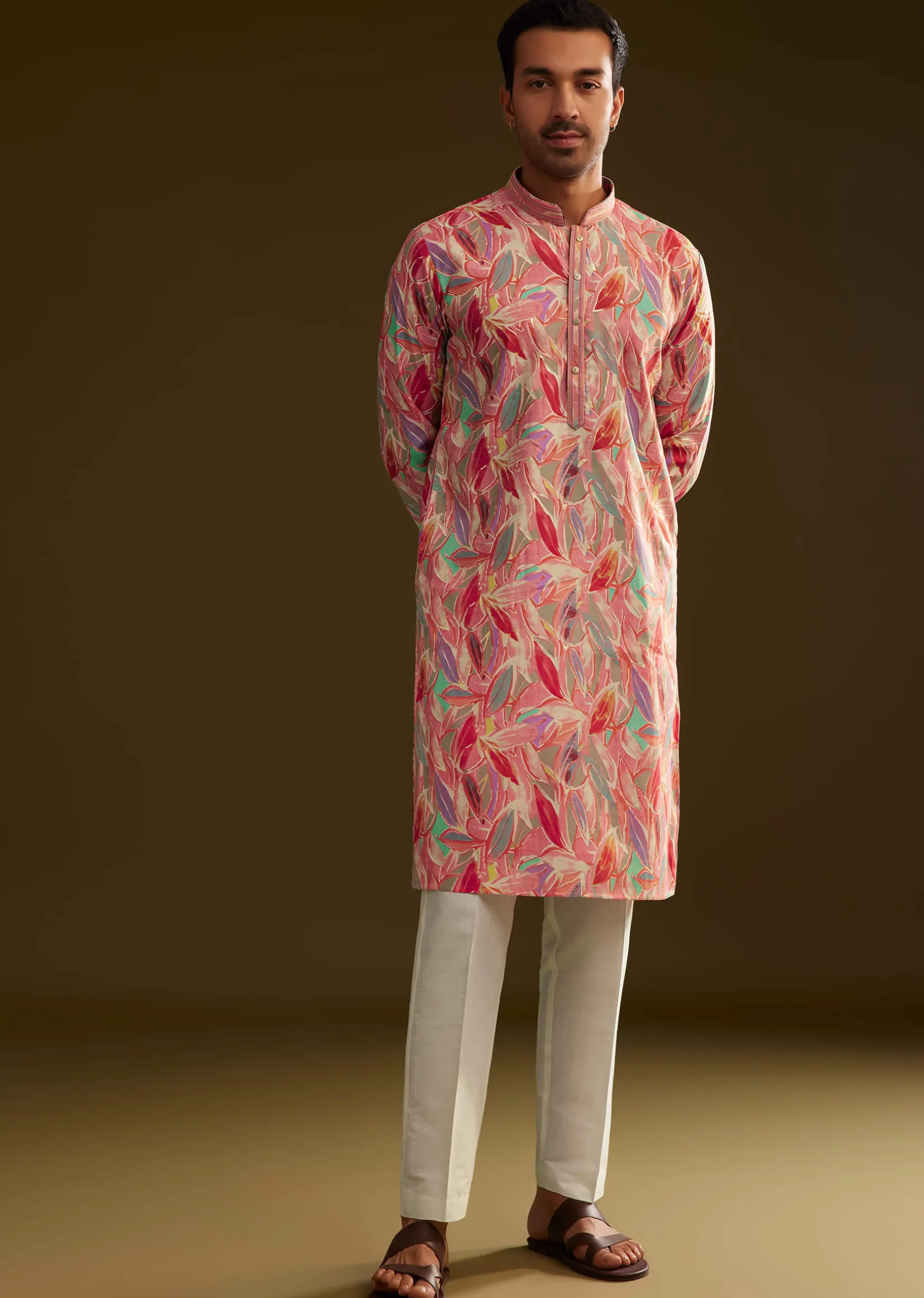 Pink Silk Leaf Printed Kurta Set