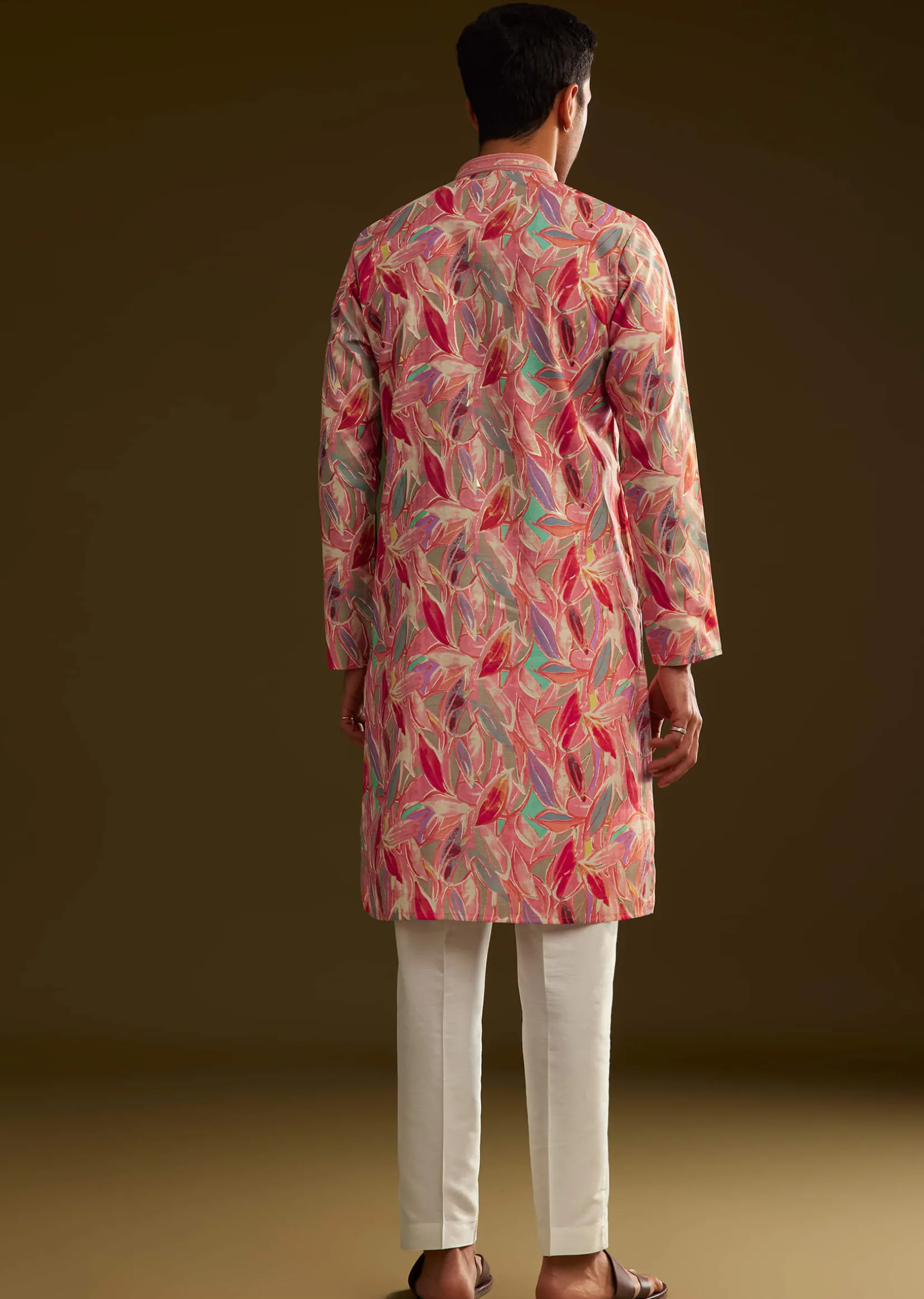 Pink Silk Leaf Printed Kurta Set
