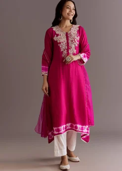 Pink Silk Moti Embroidered Kurta Set With Organza Dupatta
