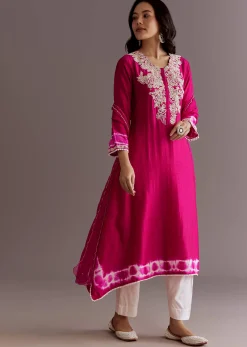 Pink Silk Moti Embroidered Kurta Set With Organza Dupatta