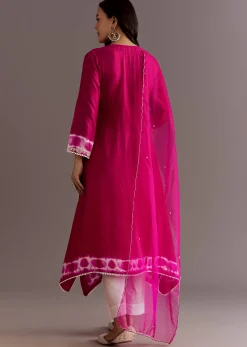 Pink Silk Moti Embroidered Kurta Set With Organza Dupatta
