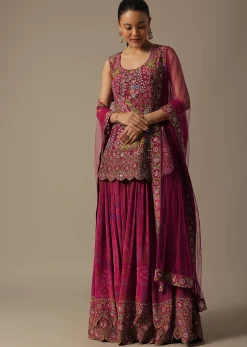 Pink Silk Palazzo Set With Mirror Work